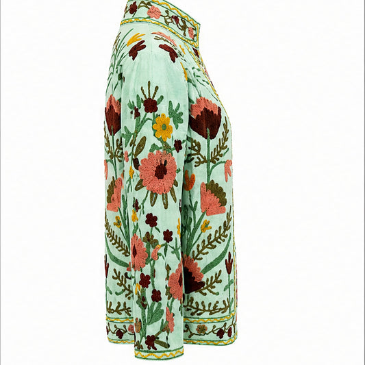 HS Luchtige Katoenen Damesjas Mintgroen Bloemenprint - One Size - linker zijaanzicht