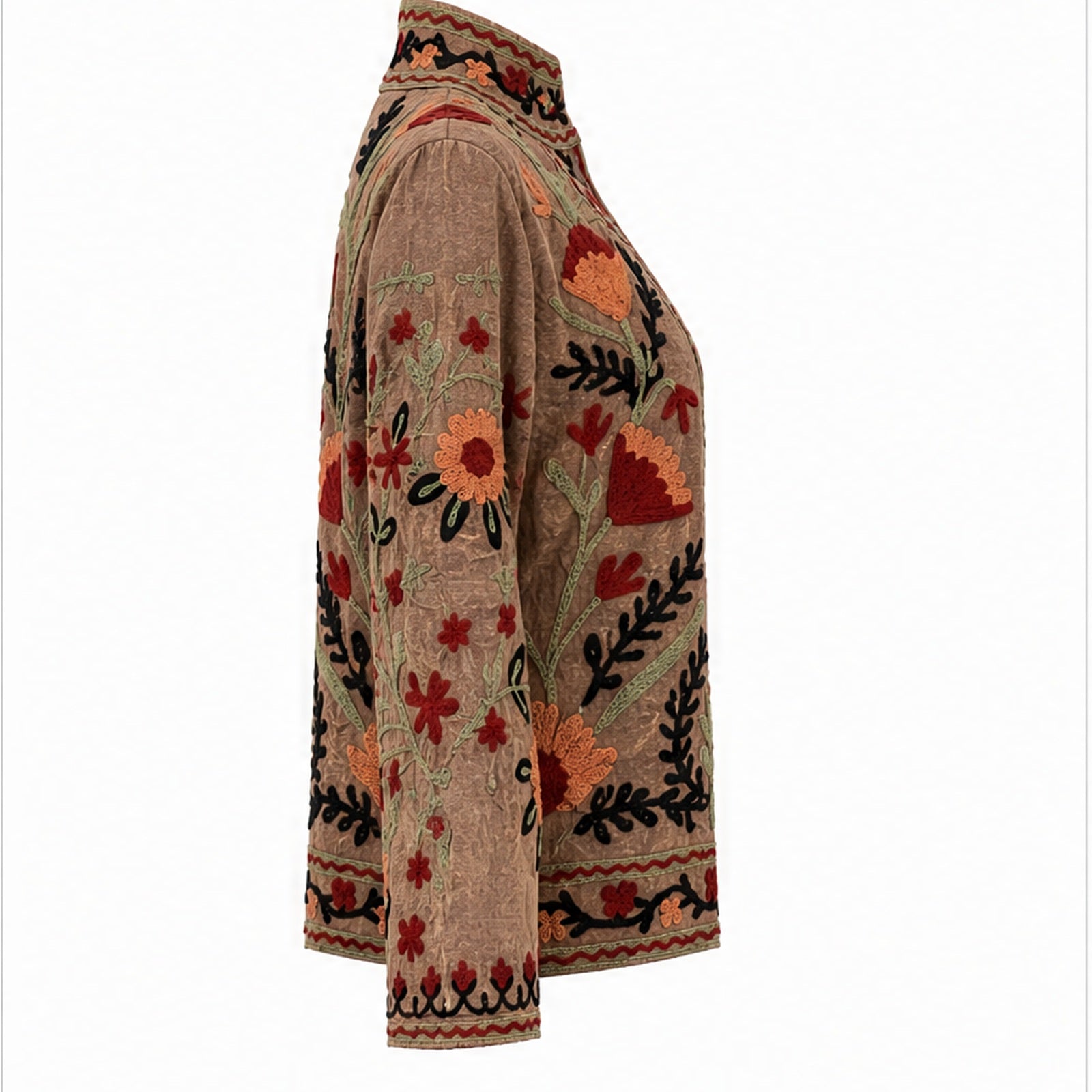 HS Luchtige Katoenen Damesjas Border Print - Taupe Bloemenprint - linker zijaanzicht