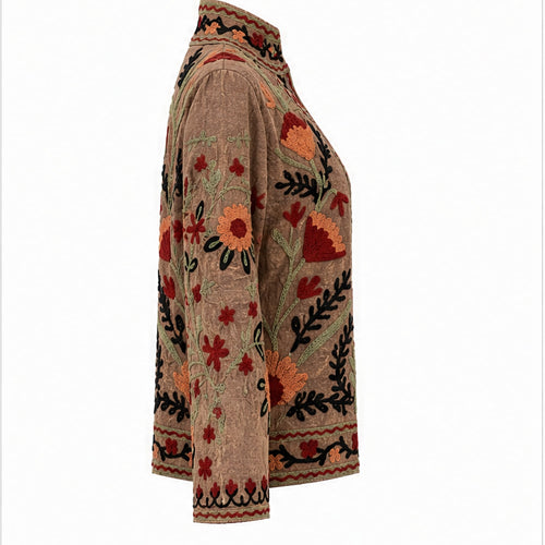 HS Luchtige Katoenen Damesjas Border Print - Taupe Bloemenprint - linker zijaanzicht