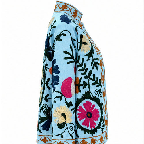 HS Luchtige Katoenen Damesjas Folklore Print - Lichtblauw Bohemian Print - linker zijaanzicht