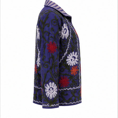 HS Luchtige Katoenen Damesjas Donkerblauw Bloemenprint - One Size - linker zijaanzicht