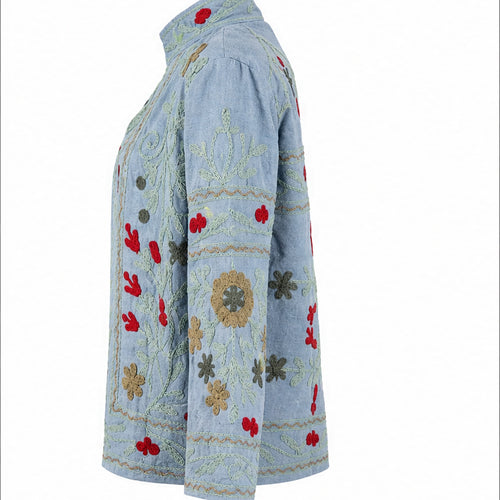 HS Luchtige Katoenen Damesjas Lichtblauw Bloemenprint - One Size - linker zijaanzicht