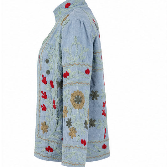 HS Luchtige Katoenen Damesjas Lichtblauw Bloemenprint - One Size - linker zijaanzicht