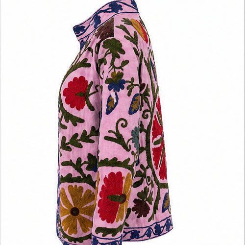 HS Luchtige Katoenen Damesjas Folklore Print - Roze Bohemian Print - linker zijaanzicht