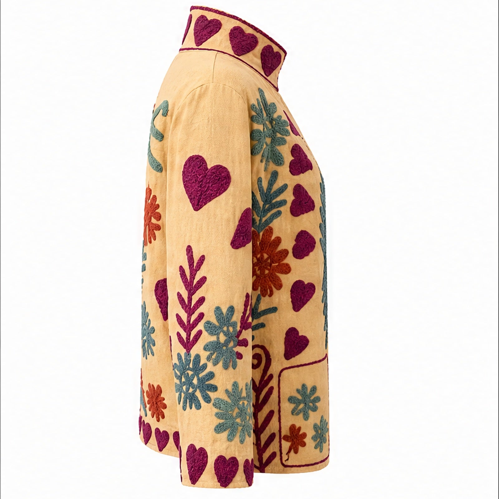 HS Luchtige Katoenen Damesjas Folklore Print - Creme Kleurrijke Bloemenprint - linker zijaanzicht