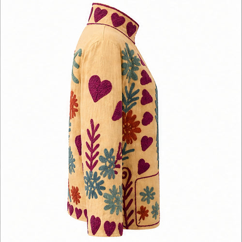 HS Luchtige Katoenen Damesjas Folklore Print - Creme Kleurrijke Bloemenprint - linker zijaanzicht