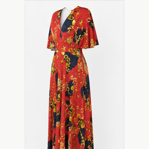 Jimi Fei Paris Maxi Jurk Dames - One Size - Rood Met Ketting En Stippenprint - side