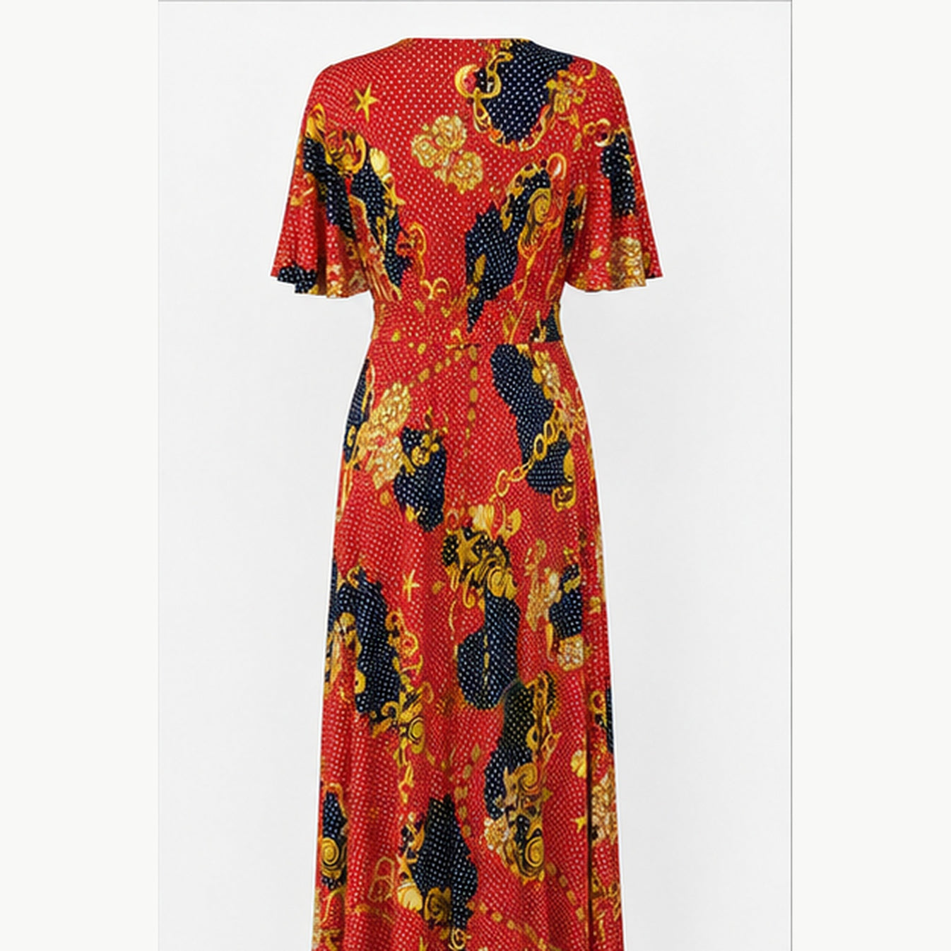 Jimi Fei Paris Maxi Jurk Dames - One Size - Rood Met Ketting En Stippenprint - back
