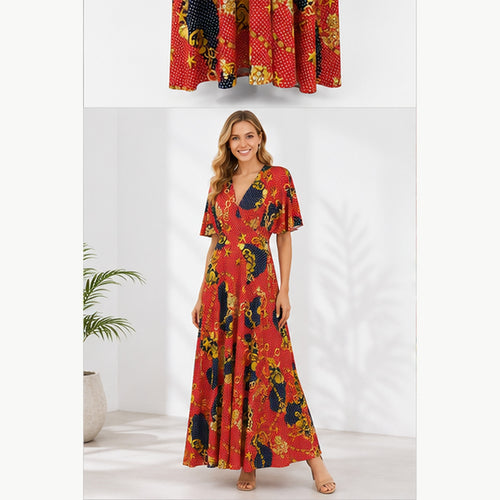 Jimi Fei Paris Maxi Jurk Dames - One Size - Rood Met Ketting En Stippenprint - on model