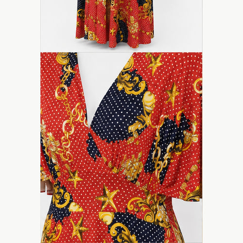 Jimi Fei Paris Maxi Jurk Dames - One Size - Rood Met Ketting En Stippenprint - detail