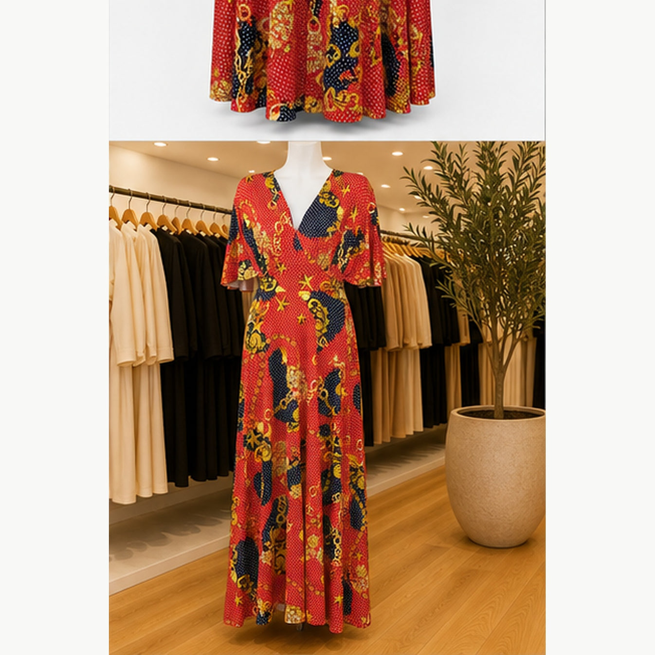 Jimi Fei Paris Maxi Jurk Dames - One Size - Rood Met Ketting En Stippenprint - in setting