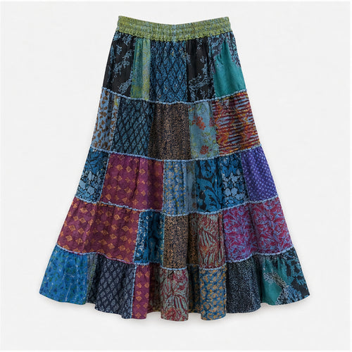 HS Rok Patchwork - Handmade in India - Blauw/Groen Multicolor Patchwork - achteraanzicht
