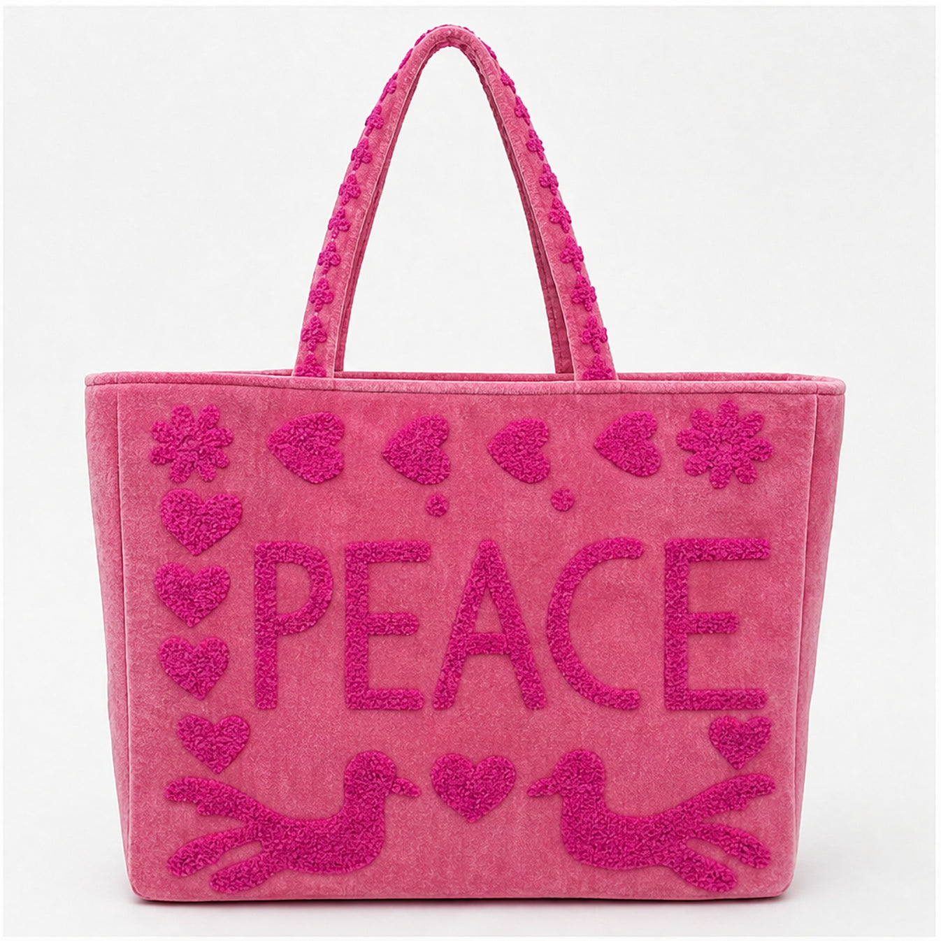 HS Velvet Tas Love Peace Fuchsia - achteraanzicht met PEACE