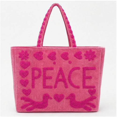 HS Velvet Tas Love Peace Fuchsia - achteraanzicht met PEACE