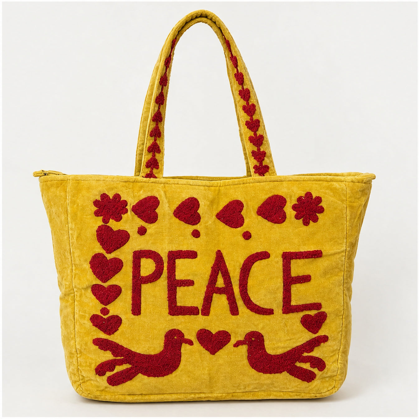 HS Velvet Tas Love Peace Geel - achteraanzicht met PEACE