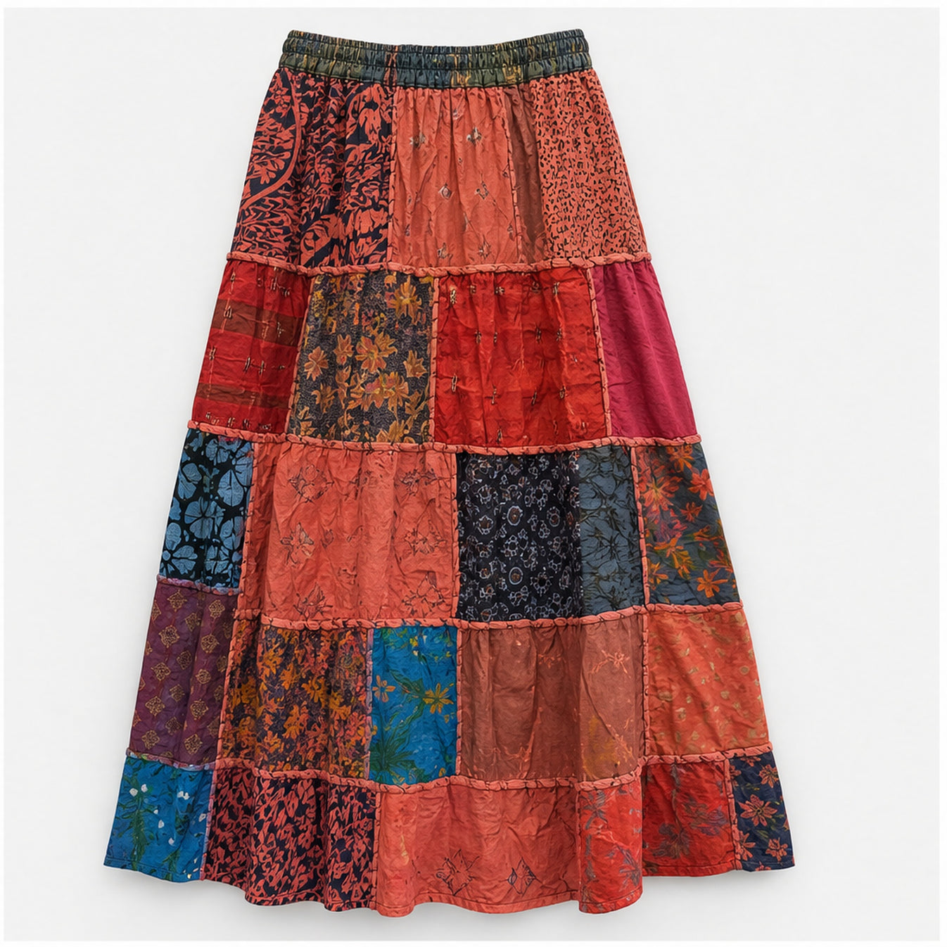 HS Rok Patchwork - Handmade in India - Rood/Oranje Patchwork - achteraanzicht