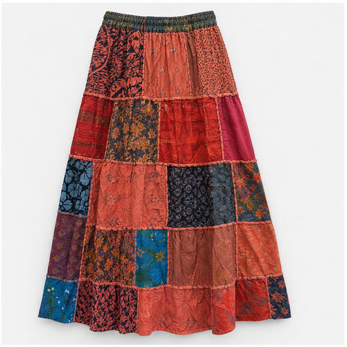 HS Rok Patchwork - Handmade in India - Rood/Oranje Patchwork - achteraanzicht