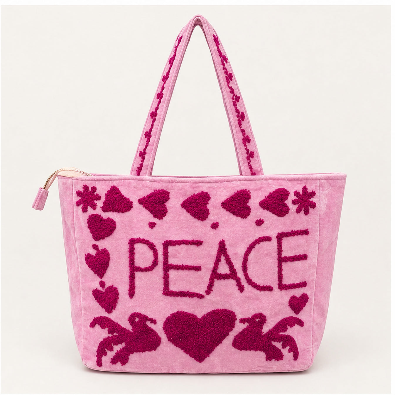 HS Velvet Tas Love Peace Lichtroze - achteraanzicht met PEACE
