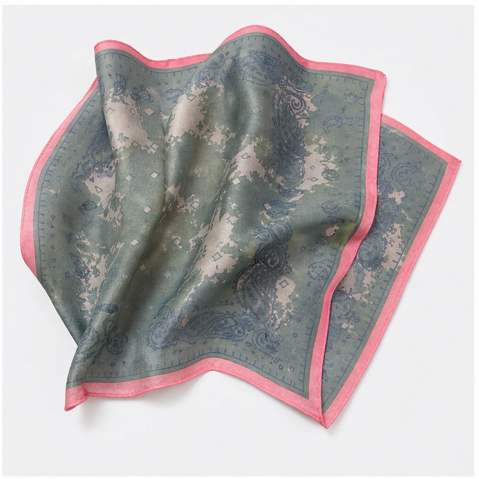 HS Zijde Look Sjaal 70x70 - Donkergroen Paisley Fuchsia Rand - achteraanzicht