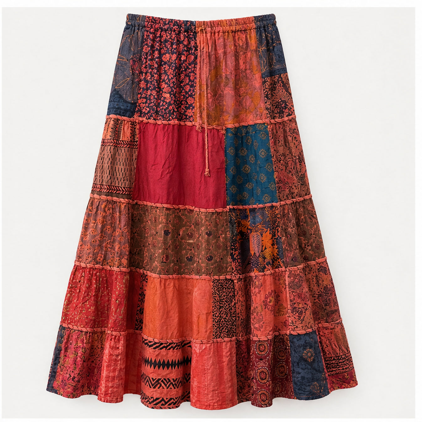 HS Rok Patchwork - Handmade in India - Rood/Roze Patchwork - achteraanzicht
