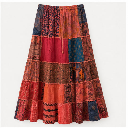 HS Rok Patchwork - Handmade in India - Rood/Roze Patchwork - achteraanzicht