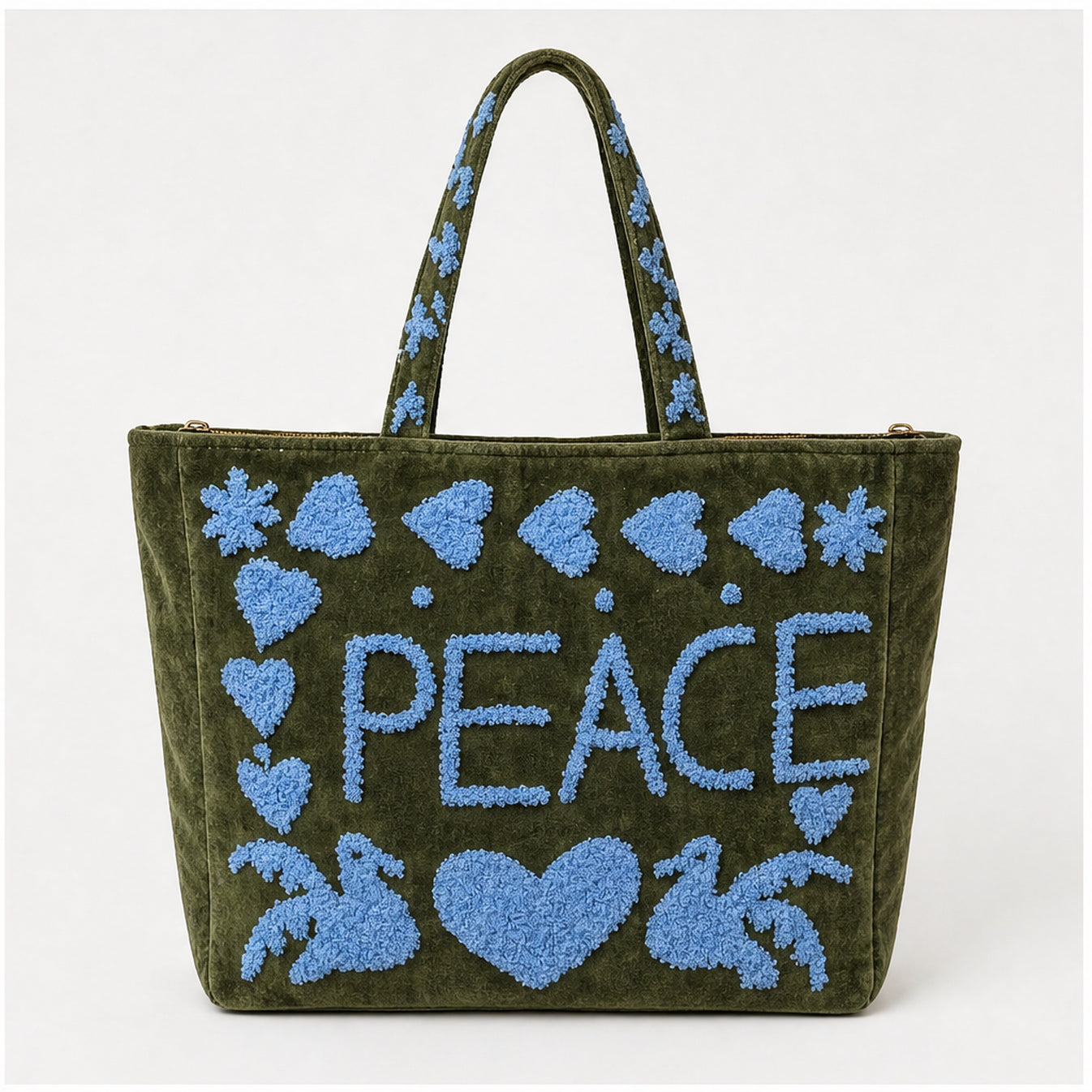 HS Velvet Tas Love Peace Olijfgroen - achteraanzicht met PEACE