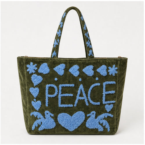 HS Velvet Tas Love Peace Olijfgroen - achteraanzicht met PEACE