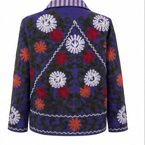 HS Luchtige Katoenen Damesjas Donkerblauw Bloemenprint - One Size - achteraanzicht