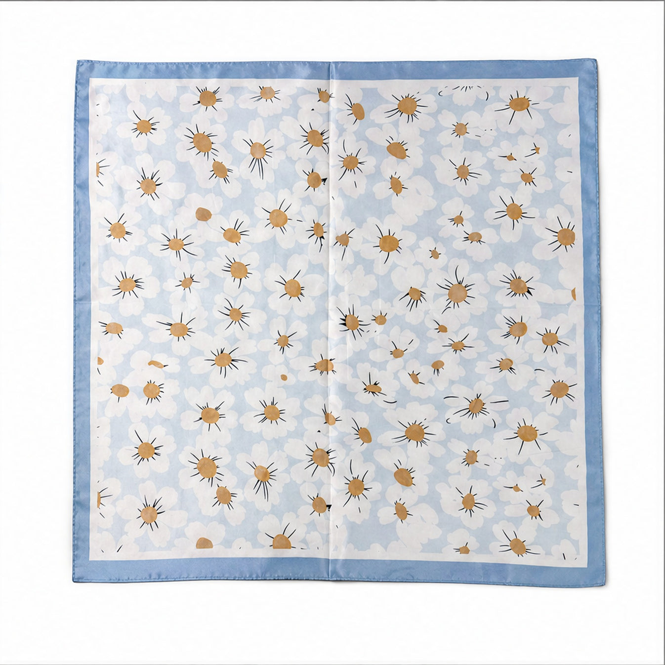 HS 70x70 Satijnen Look Sjaal Madeliefprint - Meerdere Kleuren - Lichtblauw Gouden Bloemen - achteraanzicht