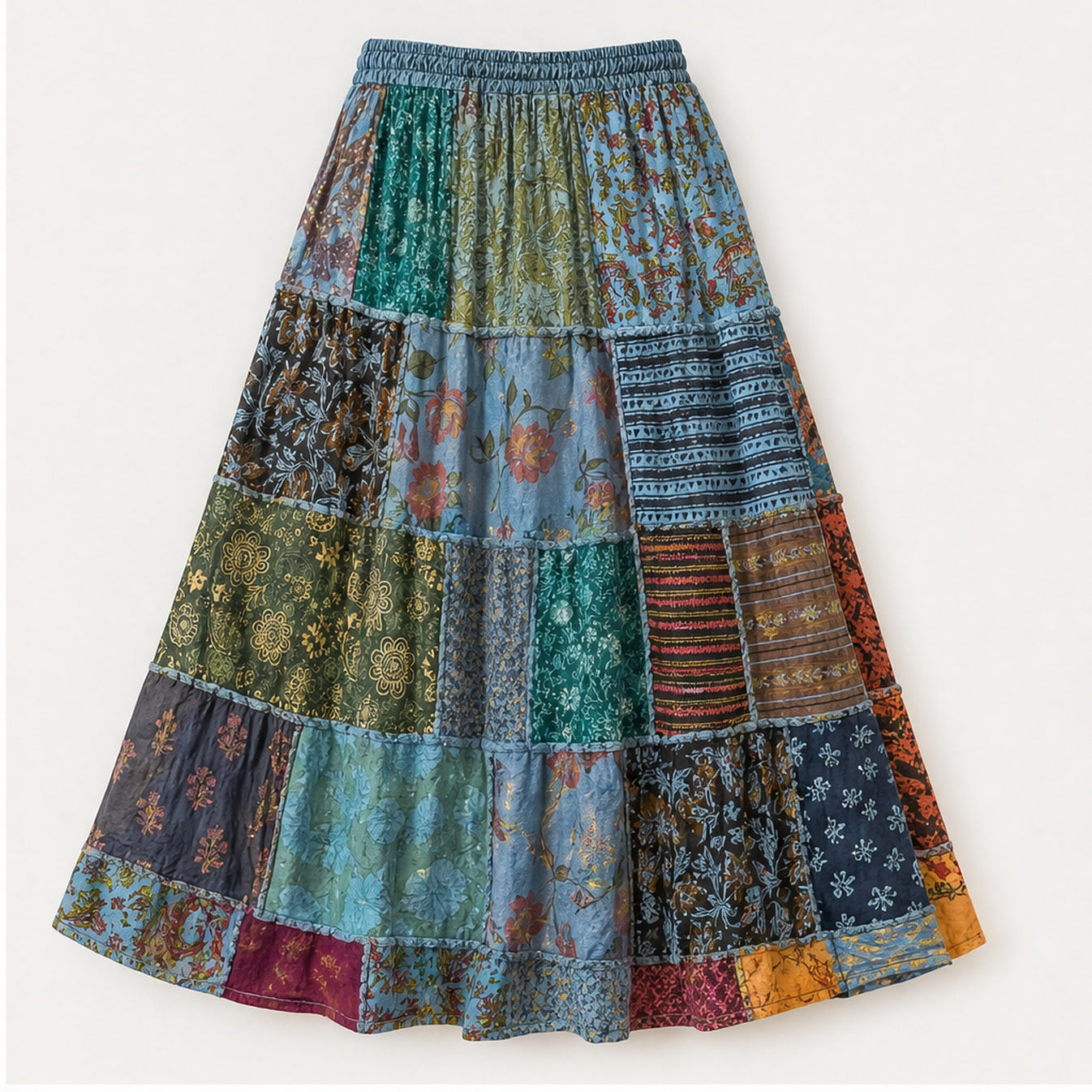 HS Rok Patchwork - Handmade in India - Blauw/Groen Patchwork - achteraanzicht