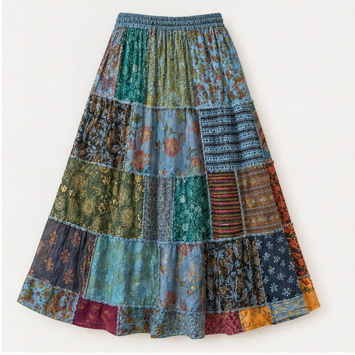 HS Rok Patchwork - Handmade in India - Blauw/Groen Patchwork - achteraanzicht