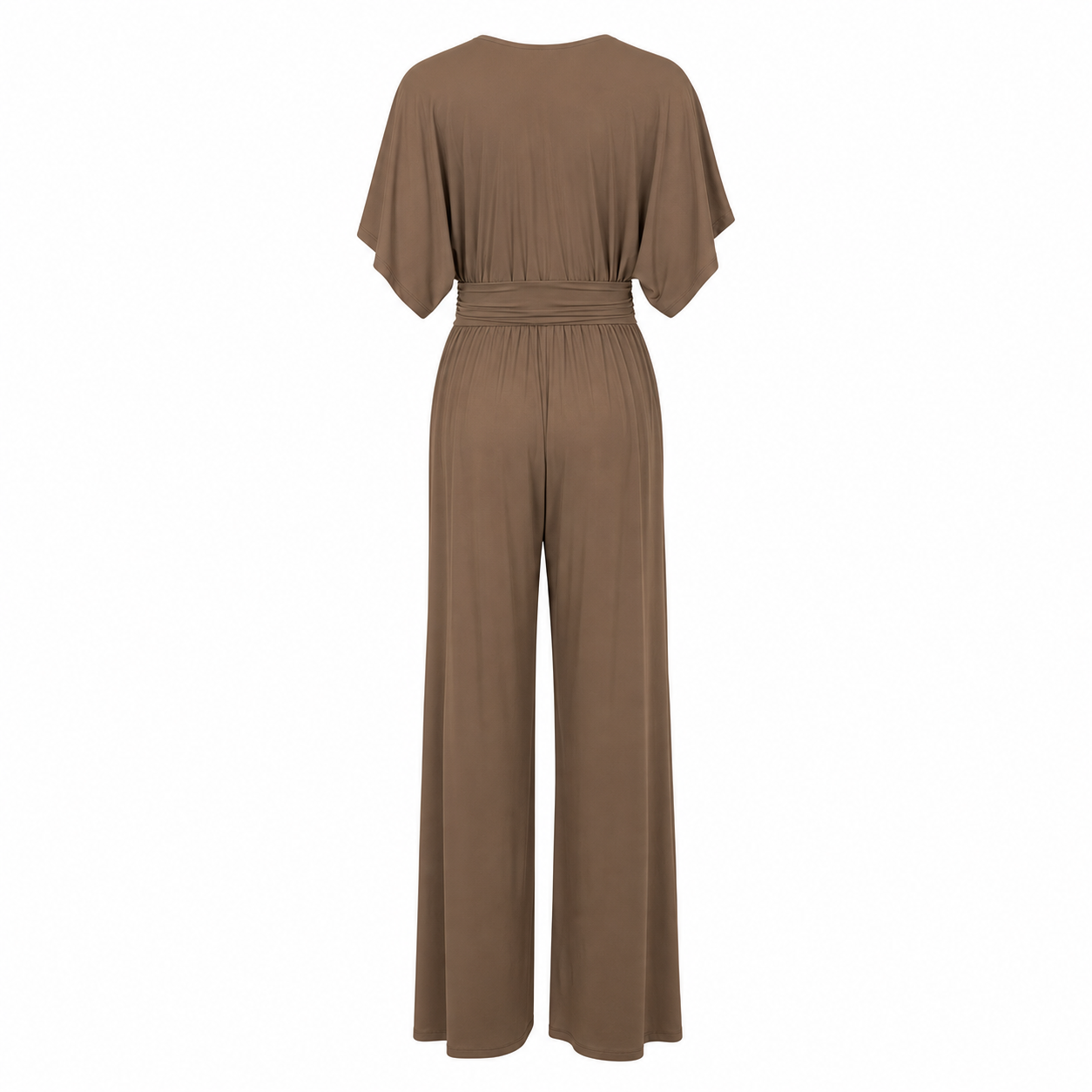 By Swan Jumpsuit - Camel V-Neck - Achteraanzicht ghost mannequin