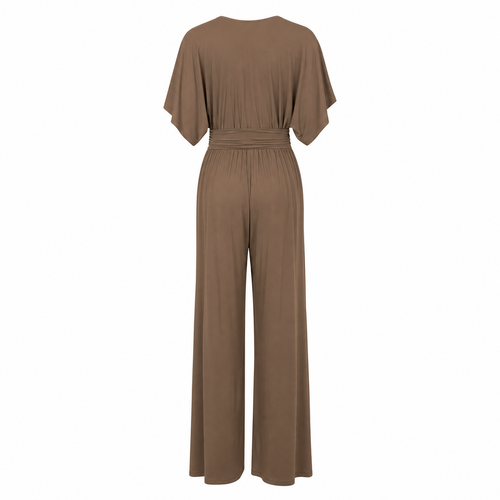 By Swan Jumpsuit - Camel V-Neck - Achteraanzicht ghost mannequin