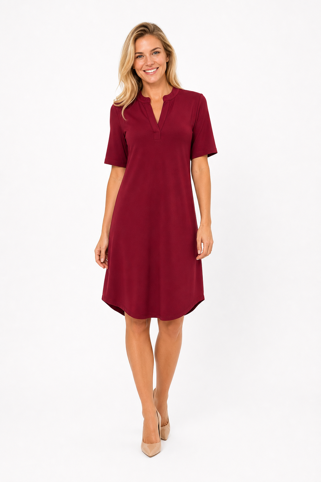 Angelle Milan Travelstof Jurk - Bordeaux Effen