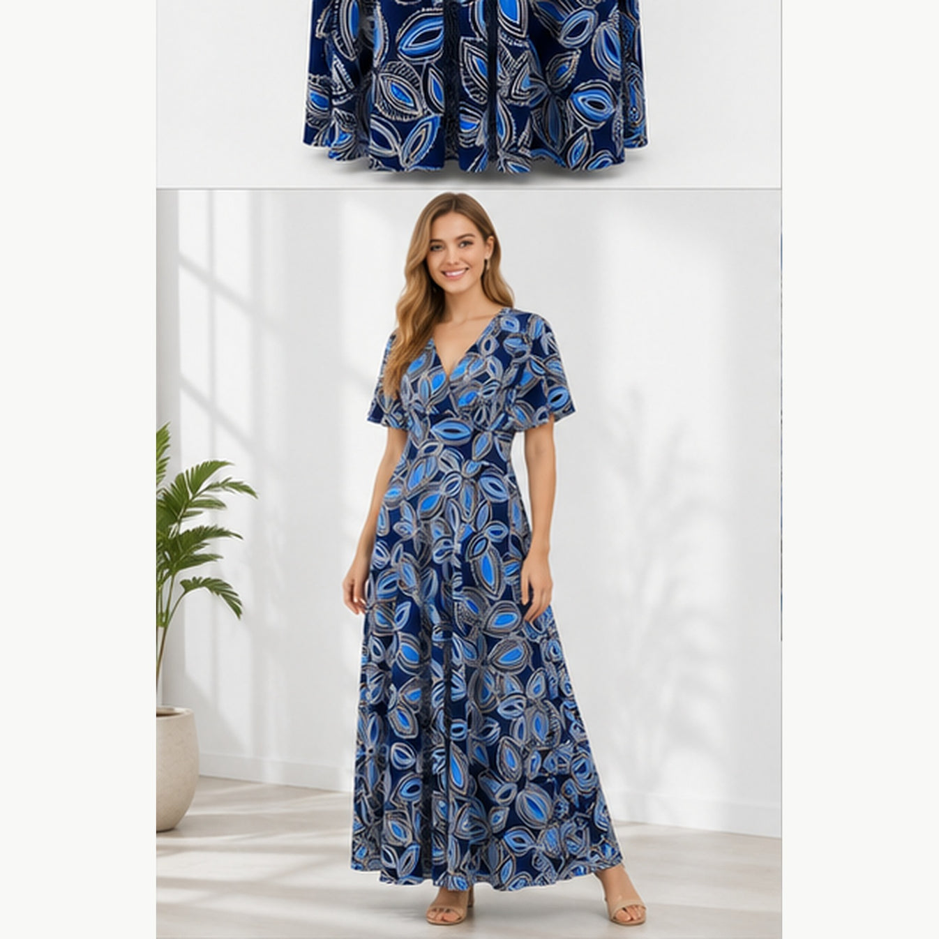 Jimi Fei Paris Maxi Jurk Dames - One Size - Navy Blauw Bladprint - on model
