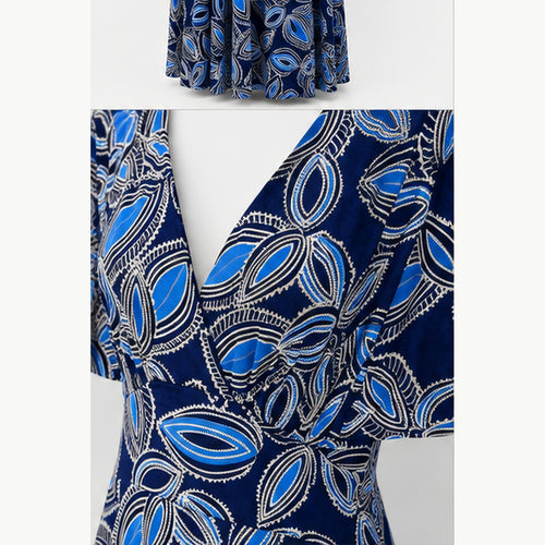 Jimi Fei Paris Maxi Jurk Dames - One Size - Navy Blauw Bladprint - detail