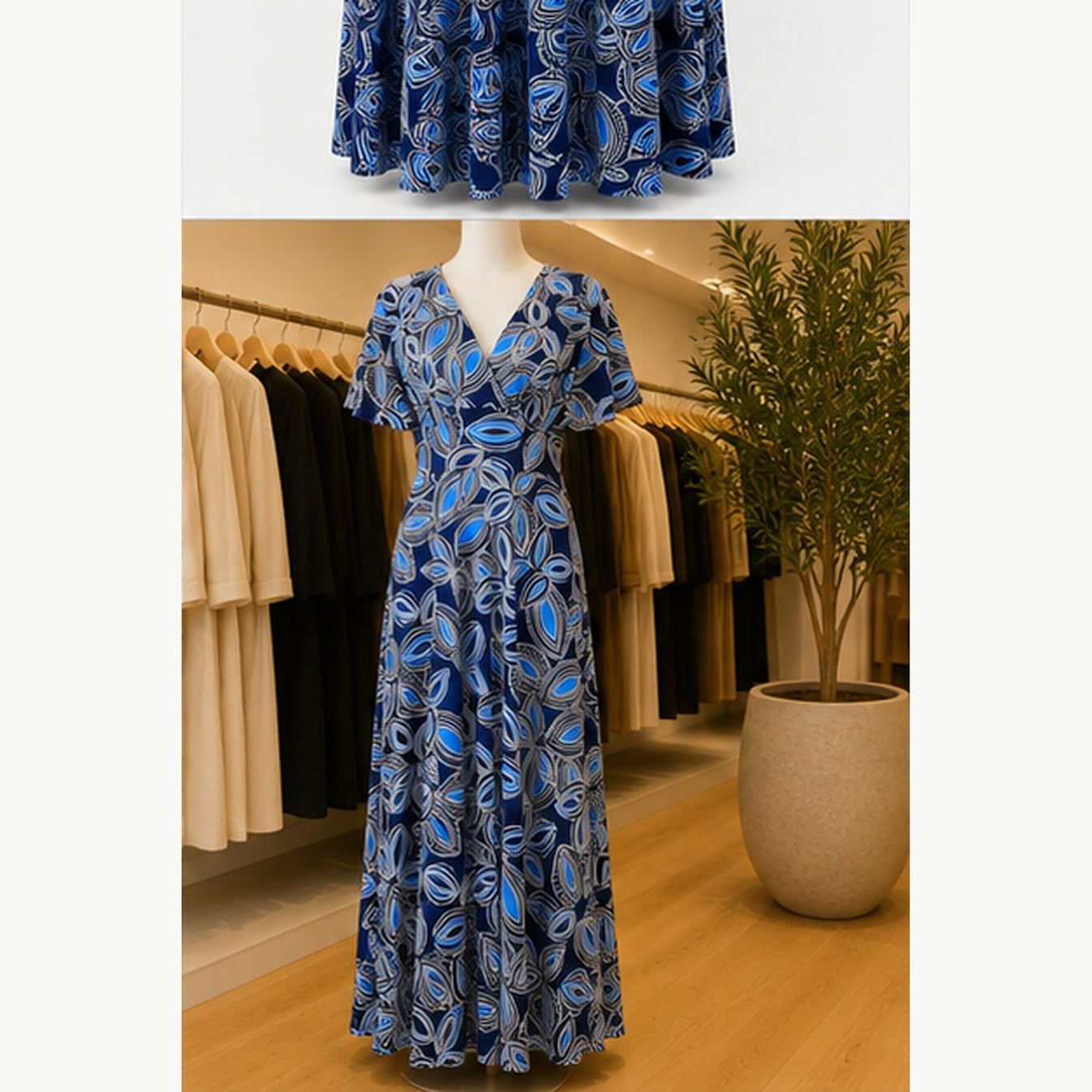 Jimi Fei Paris Maxi Jurk Dames - One Size - Navy Blauw Bladprint - in setting