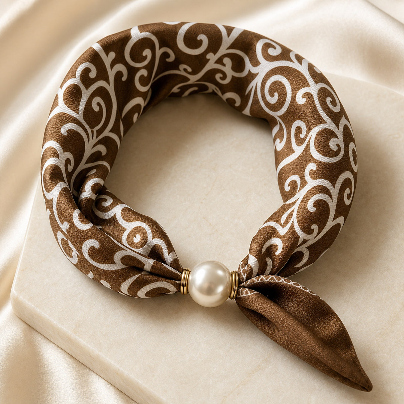 HS Parelsjaal - Bruin Wit Ornamentprint - Magnetische Parelsluiting - luxe producthoek op ondergrond