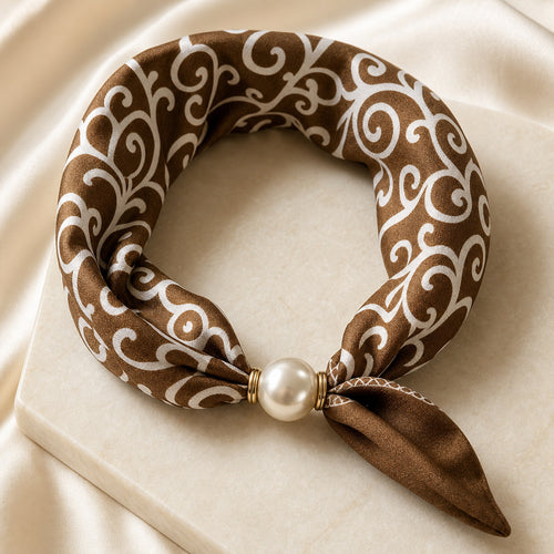 HS Parelsjaal - Bruin Wit Ornamentprint - Magnetische Parelsluiting - luxe producthoek op ondergrond