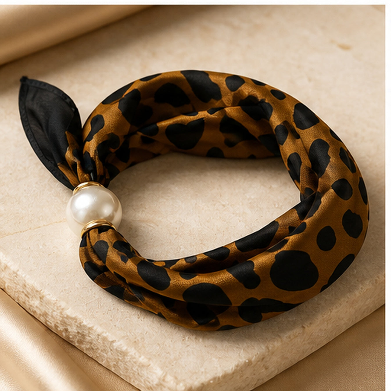 HS Parelsjaal - Cognac Zwart Animalprint - Magnetische Parelsluiting - luxe producthoek op ondergrond