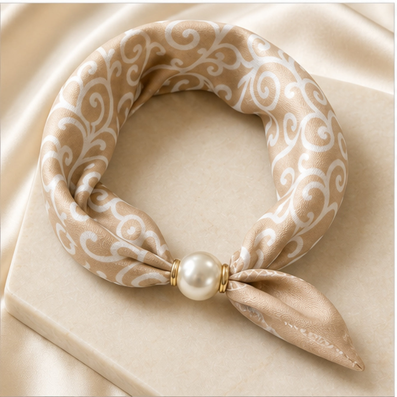 HS Parelsjaal - Beige Wit Ornamentprint - Magnetische Parelsluiting - luxe producthoek op ondergrond