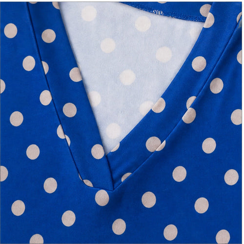 Angelle Milan Shirt - Blauw Witte Stippenprint - detail van stof en halslijn