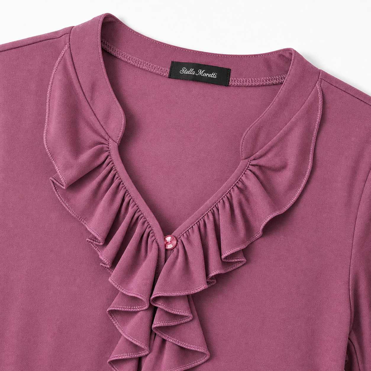Stella Moretti Top - Mauve Ruffle - Detail halslijn en label