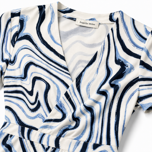 By Swan jumpsuit abstract wrap - Detail halslijn, label en print