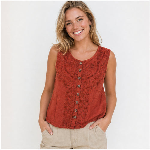 HS Mouwloos Shirt - Meerdere Kleuren - Rood Borduursel - op model
