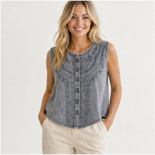 HS Mouwloos Shirt - Meerdere Kleuren - Zilvergrijs Borduursel - op model