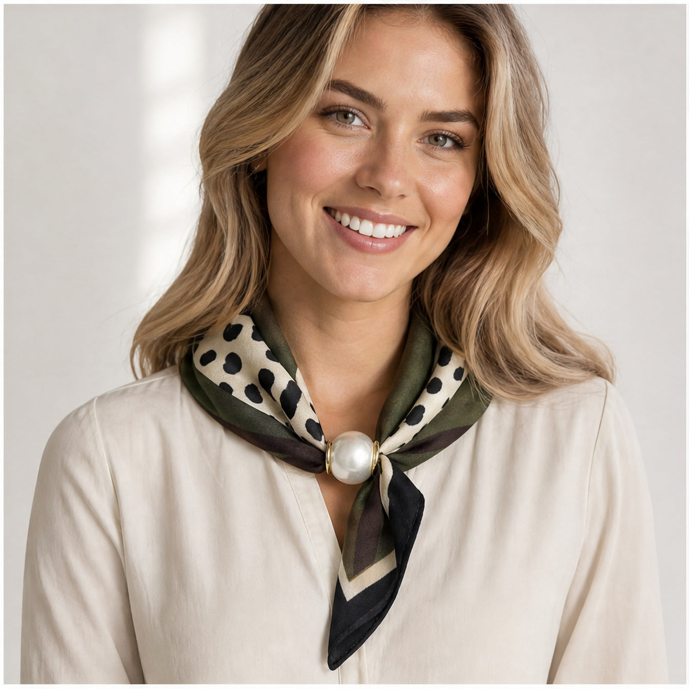 HS Parelsjaal Satijnprint - Meerdere Prints - Olijfgroen Animalprint - gedragen op model