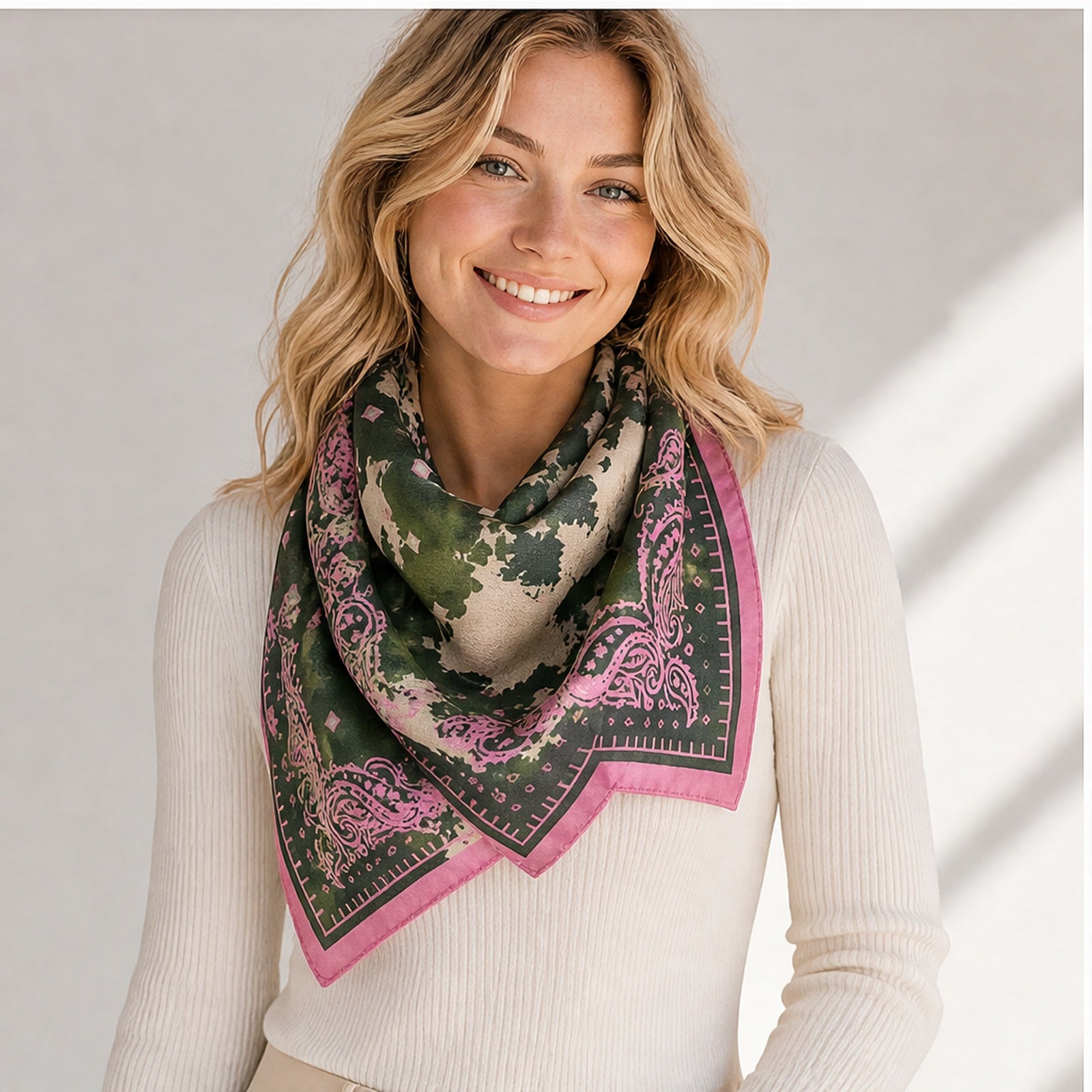 HS Zijde Look Sjaal 70x70 - Legergroen Paisley Roze Rand - op model