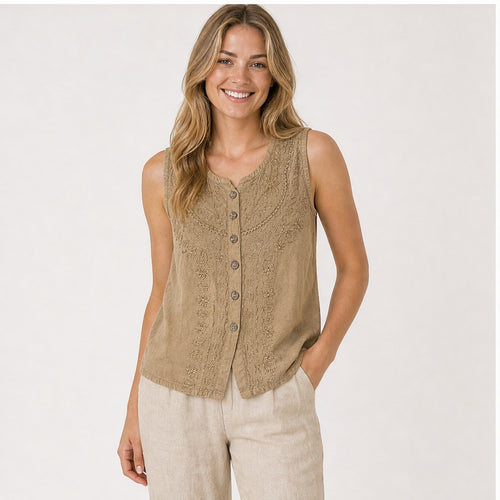 HS Mouwloos Shirt - Meerdere Kleuren - Camel Borduursel - op model