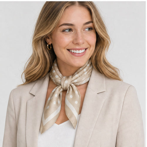 HS 70x70 Satijnen Look Sjaal Stippenprint - Meerdere Kleuren - Beige Witte Stippen - gedragen op model